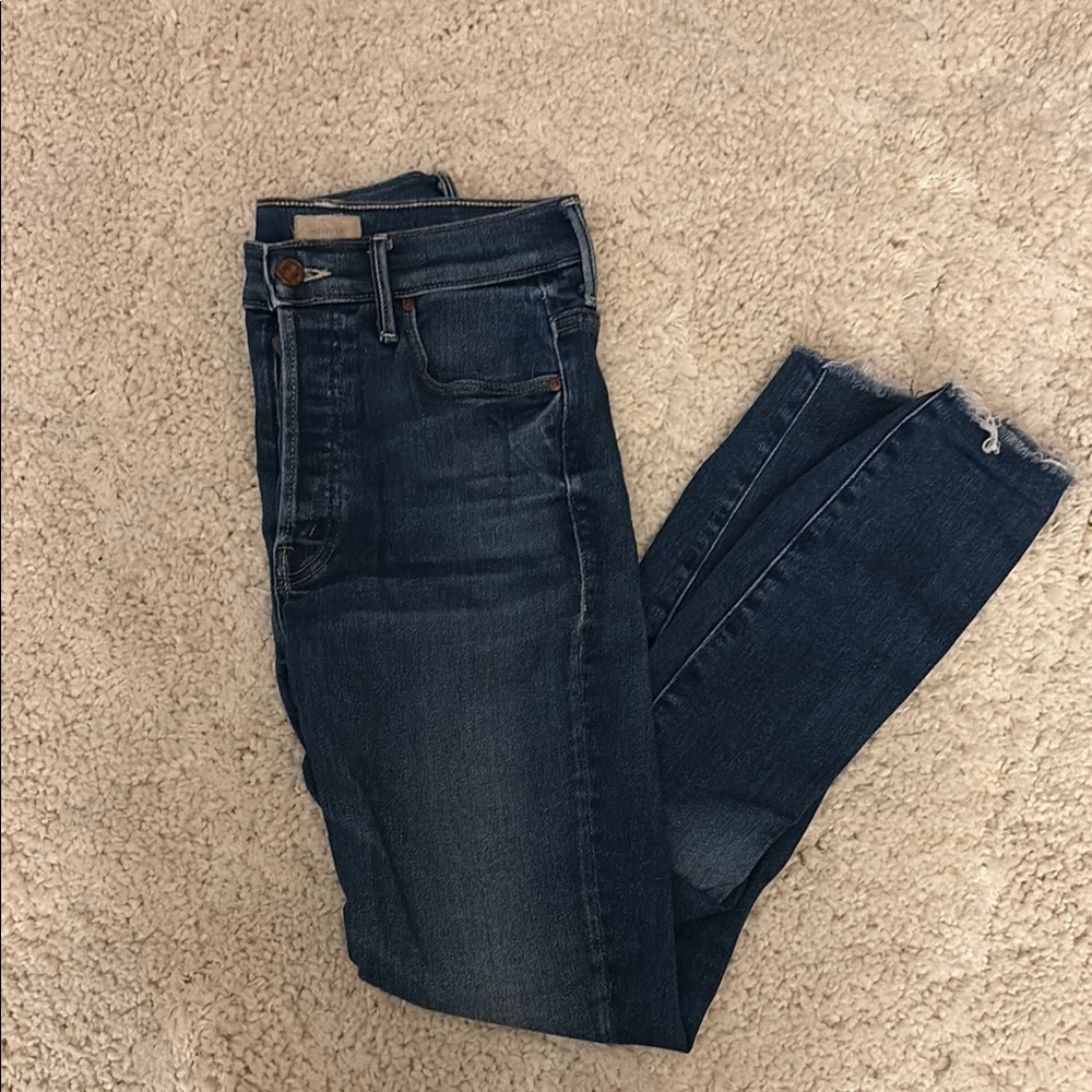 MOTHER Blue Skinny Jeans with Distressed Details